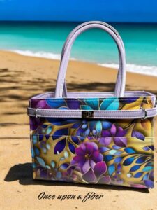 Purple floral handbag on beach sand.