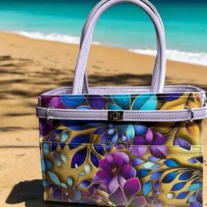Purple floral handbag on beach sand.