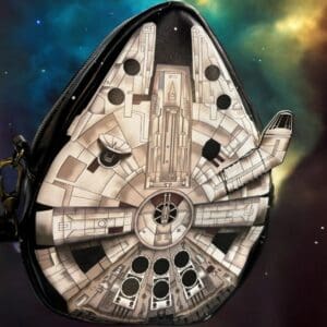Here's an alt tag for the image: Millennium Falcon crossbody bag.